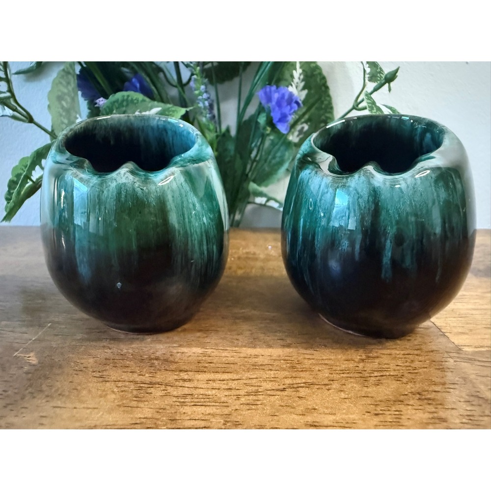 Vintage Canadian Pottery Green Drip Glaze Vases Likely Blue Mountain Retro Decor